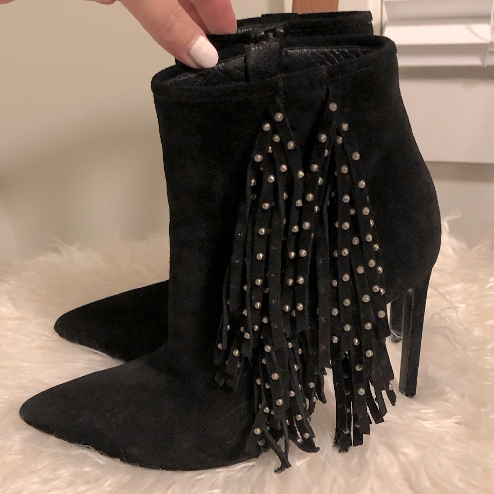 💥 YSL Nero Black Suede Fringe Ankle Boots Sz 36.5